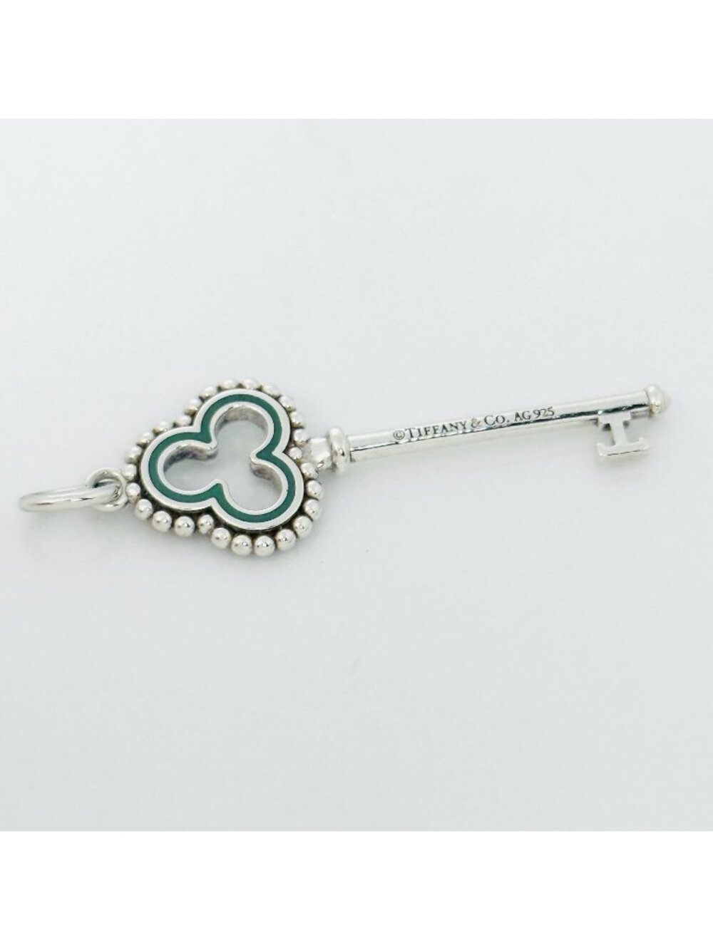 Tiffany & Co Blue Enamel  Clover Quatrefoil Beaded Skeleton Key Pendant Silver